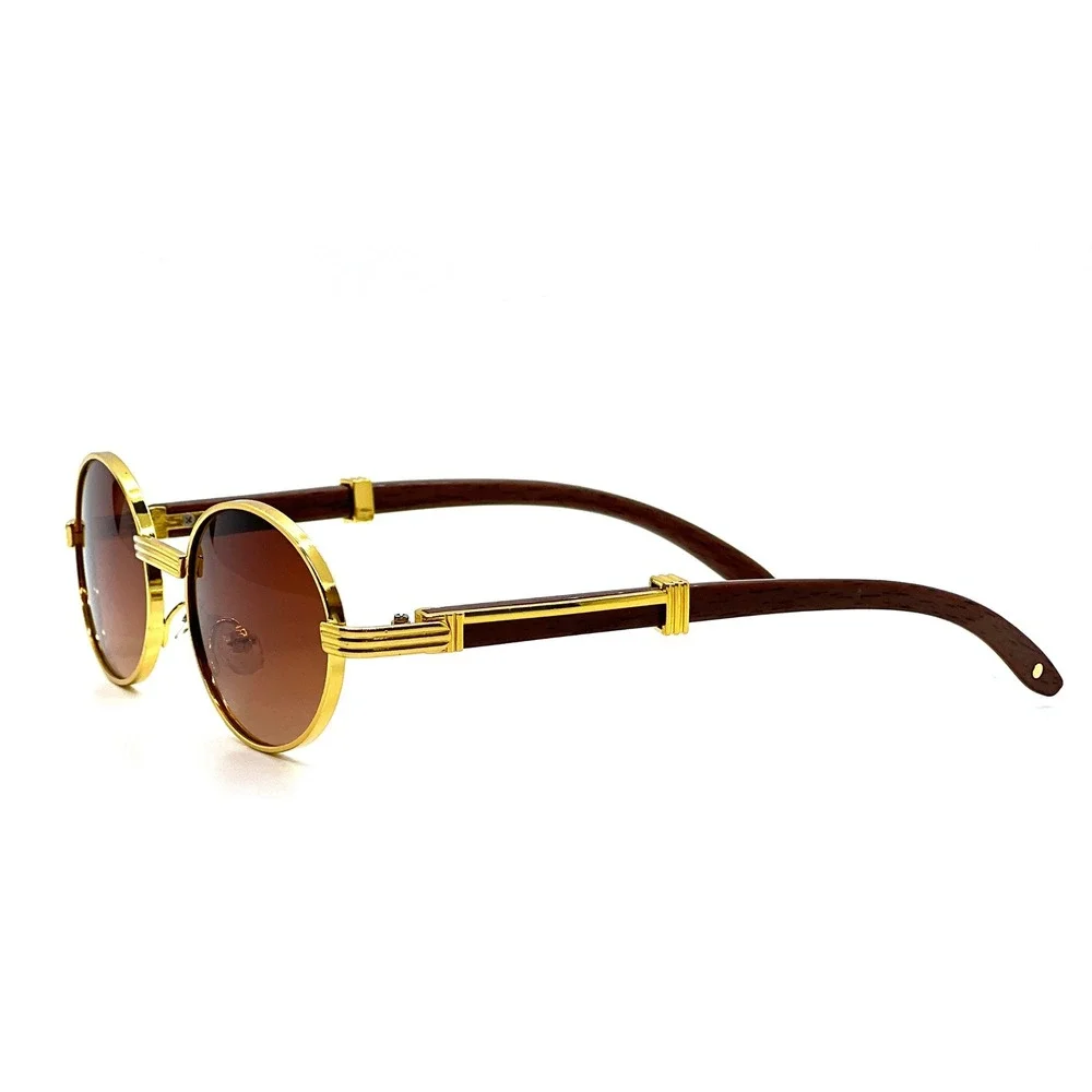 Mens Gold Round Sunglasses Hip Hop Brown Gradient Lenses Vintage Style Cholo New